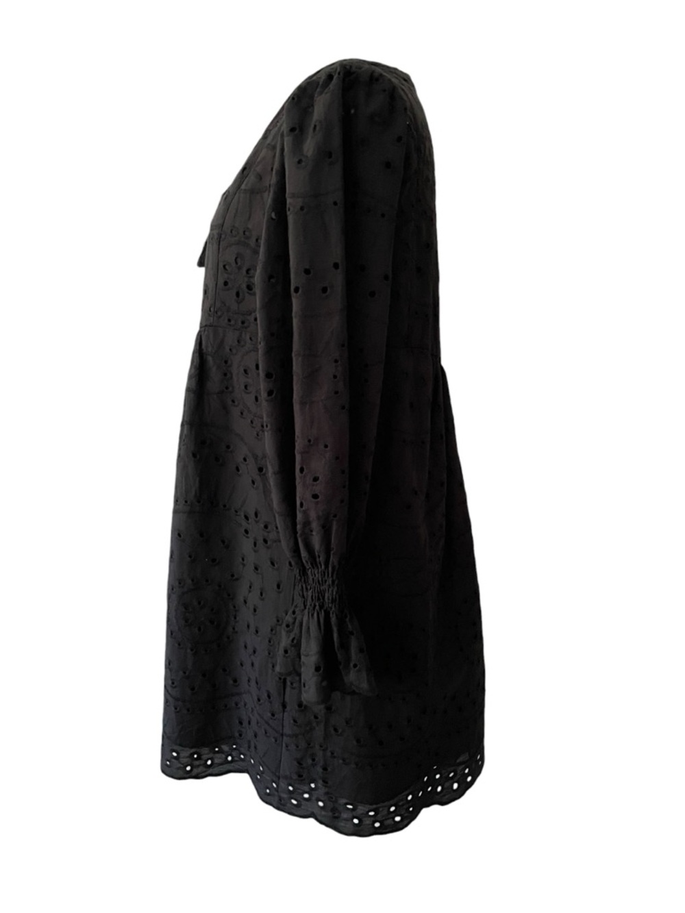 DOKOTOO Woman’s Black Eyelet Tassel Tie Babydoll Dress puff long sleeved lined L - Picture 3 of 13